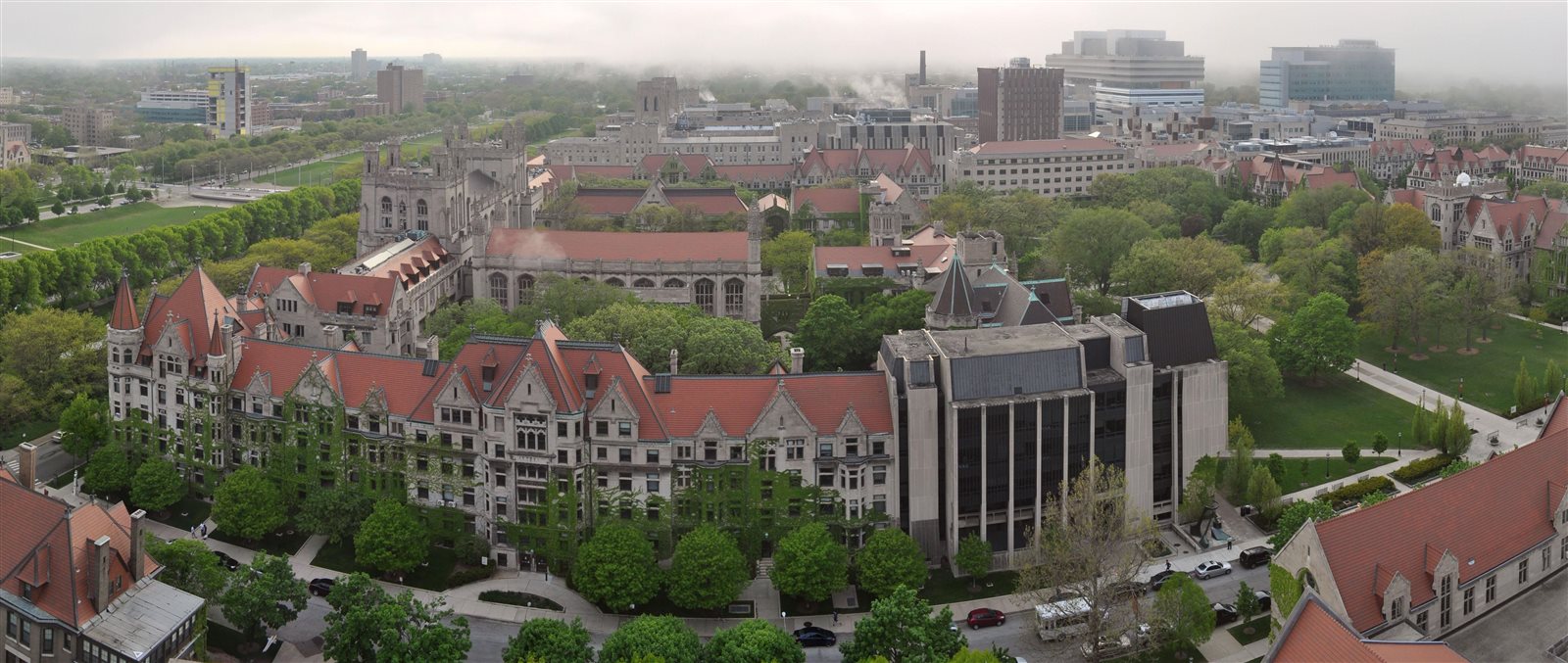 Aerial view of the Gothic quadrangles at the University of Chicago, taken from Rockefeller Chapel tower